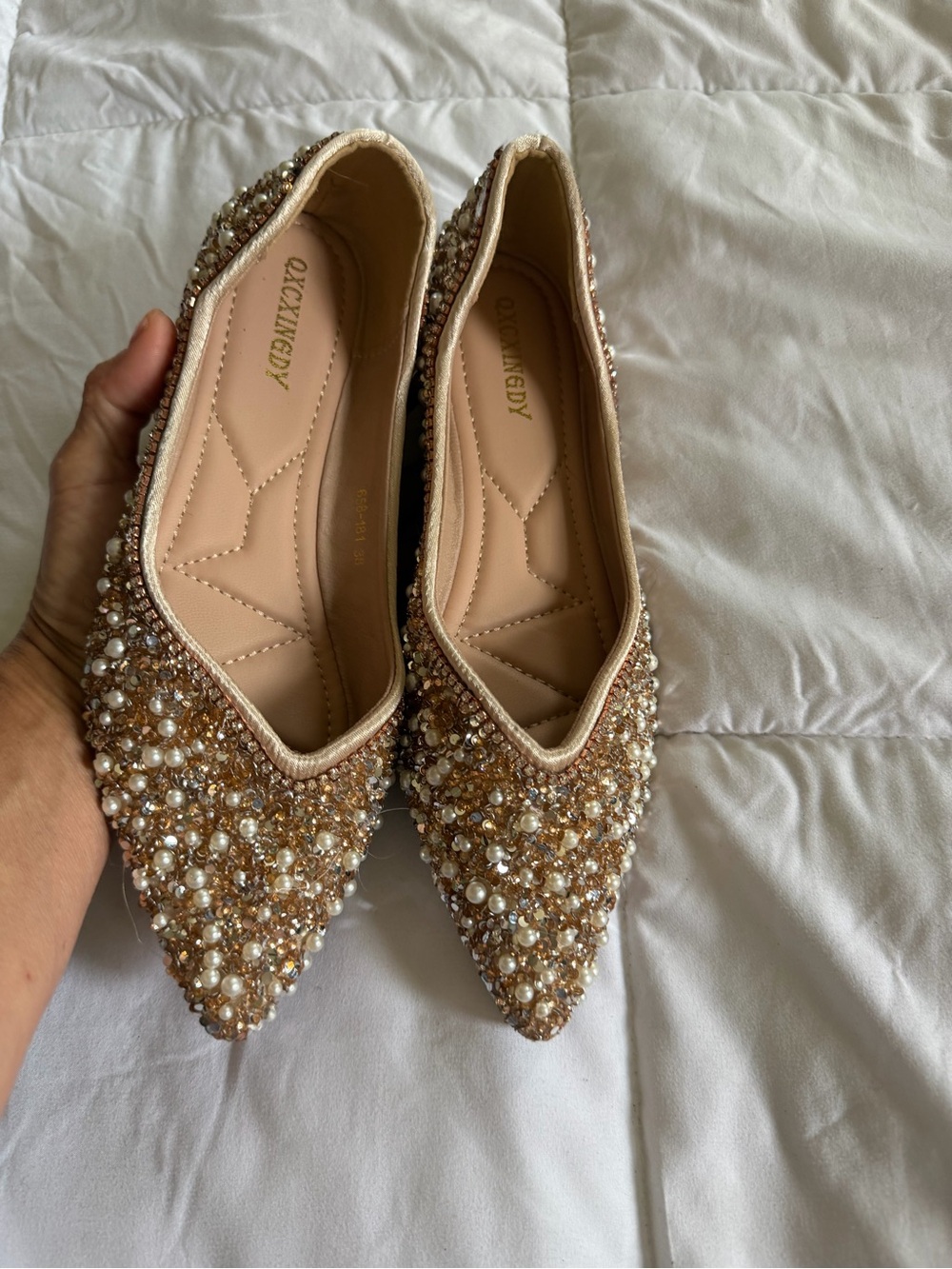 Embellished Pearl Pointed Toe Flat - Champagne - Picture 6 of 14